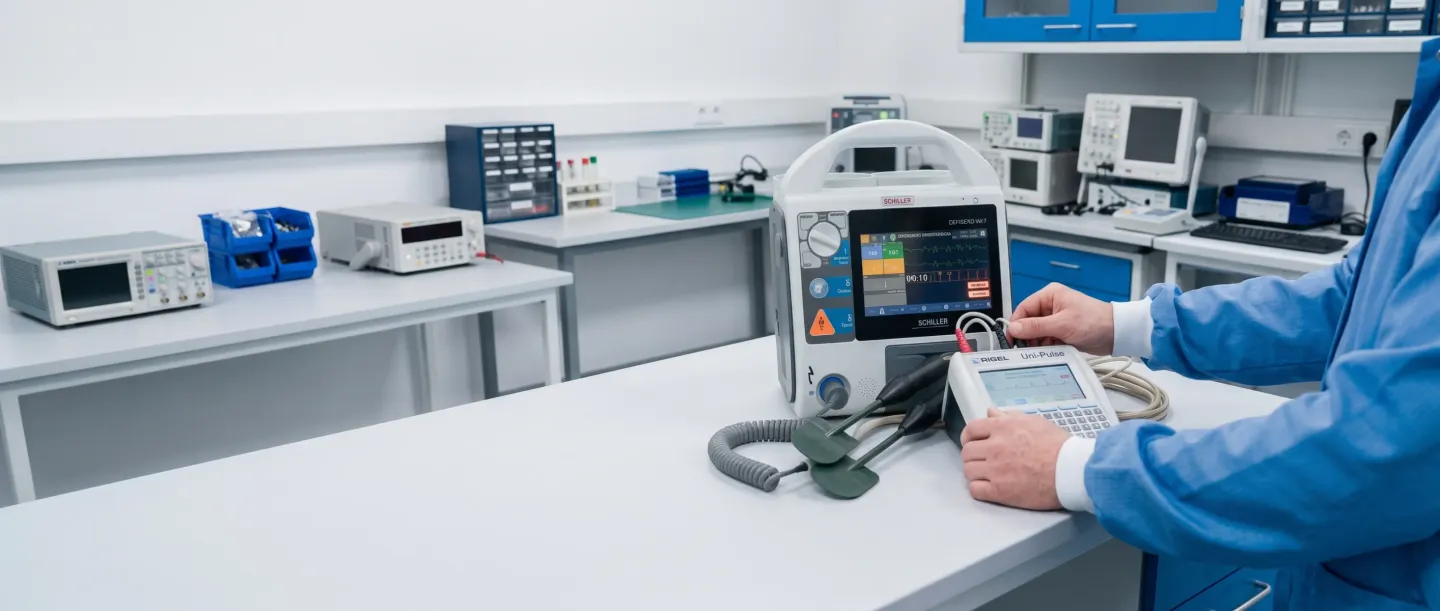 Técnico probando un desfibrilador con un analizador en el laboratorio