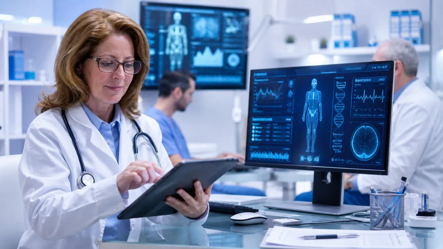 Médica revisando una tableta frente a un monitor con imágenes diagnósticas